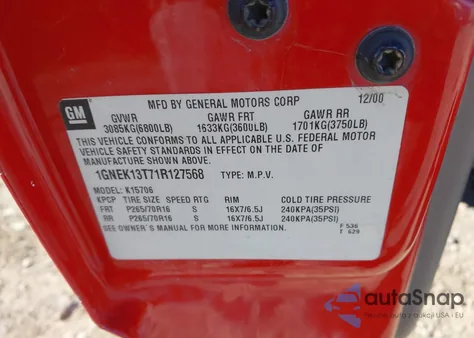 2001 Chevrolet Tahoe Lt from USA, damaged, VIN 1GNEK13T71R127568